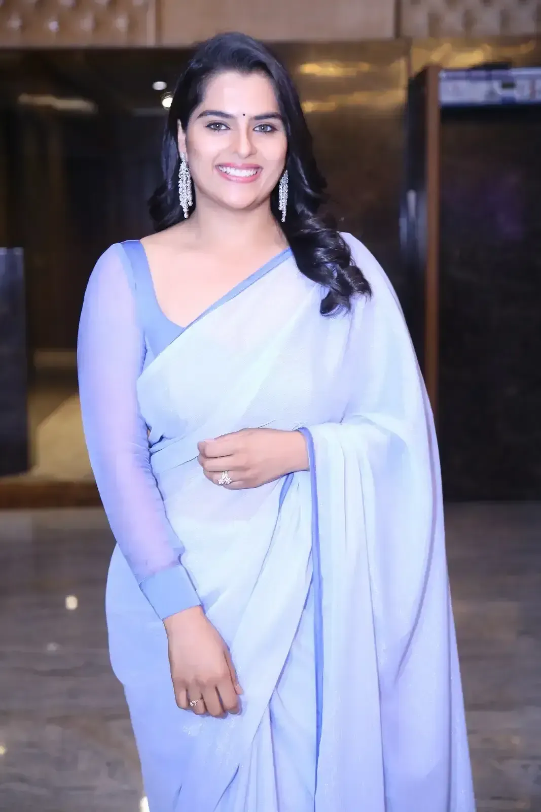 KAVYA KALYANRAM IN BLUE SAREE AT USTAAD PRE RELEASE EVENT